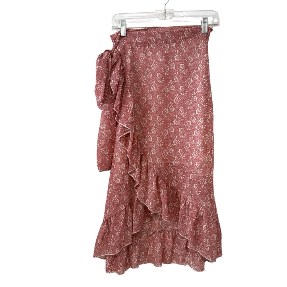 SHEIN Small Pink White Floral High Low Wrap Midi Skirt Ruffle Hem Tie Waist
